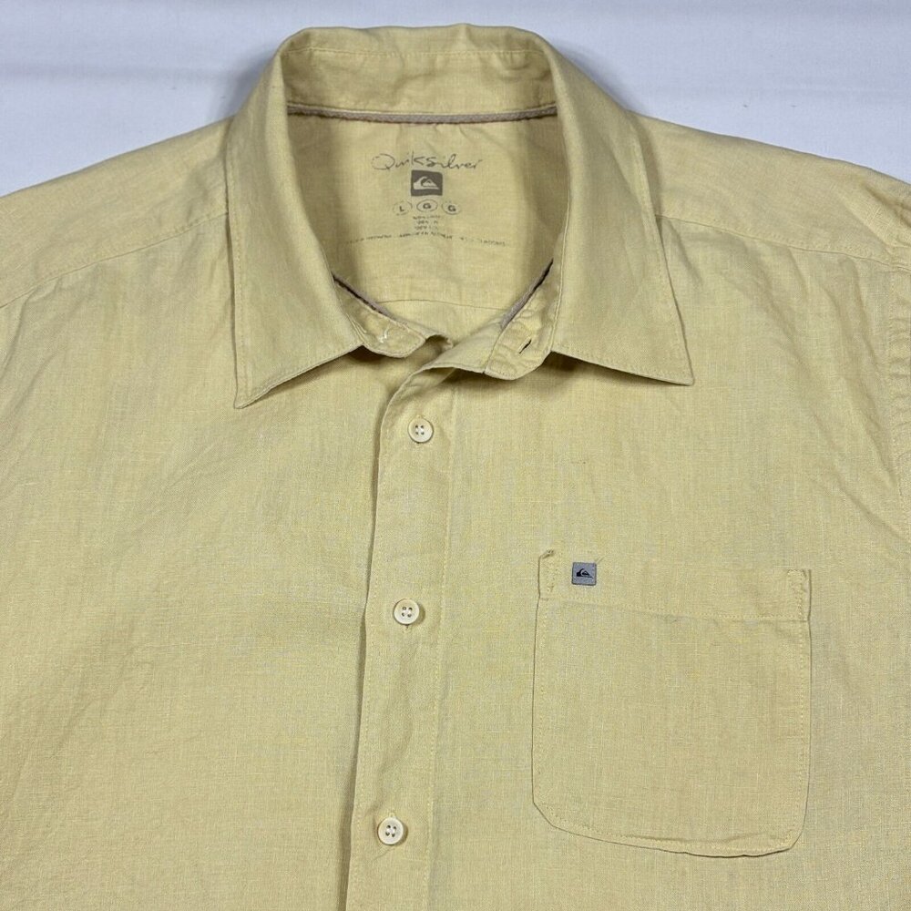 Quiksilver Men's Large 100% Linen Long Sleeve Button Up Shirt Yellow Surf Beach - Picture 2 of 6